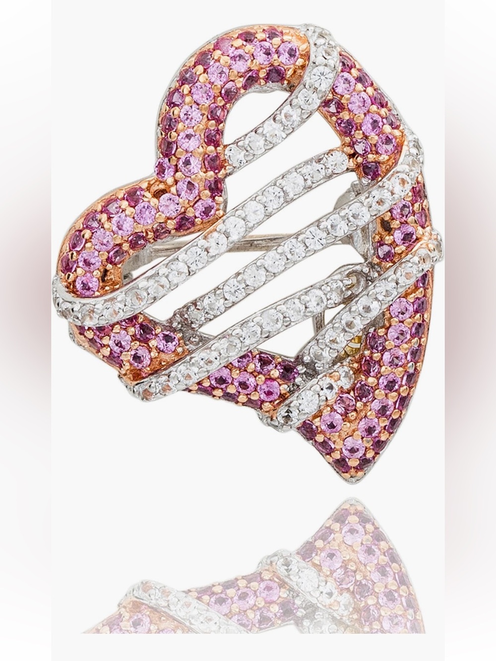 Pink and White Sapphire and Diamond Heart Brooch by Suzy Levian - 1.5”